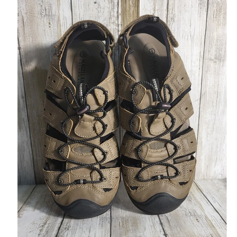 Magellan Outdoors Mens Fisherman Sandals Closed Toe Water Shoes Beige Black 9D